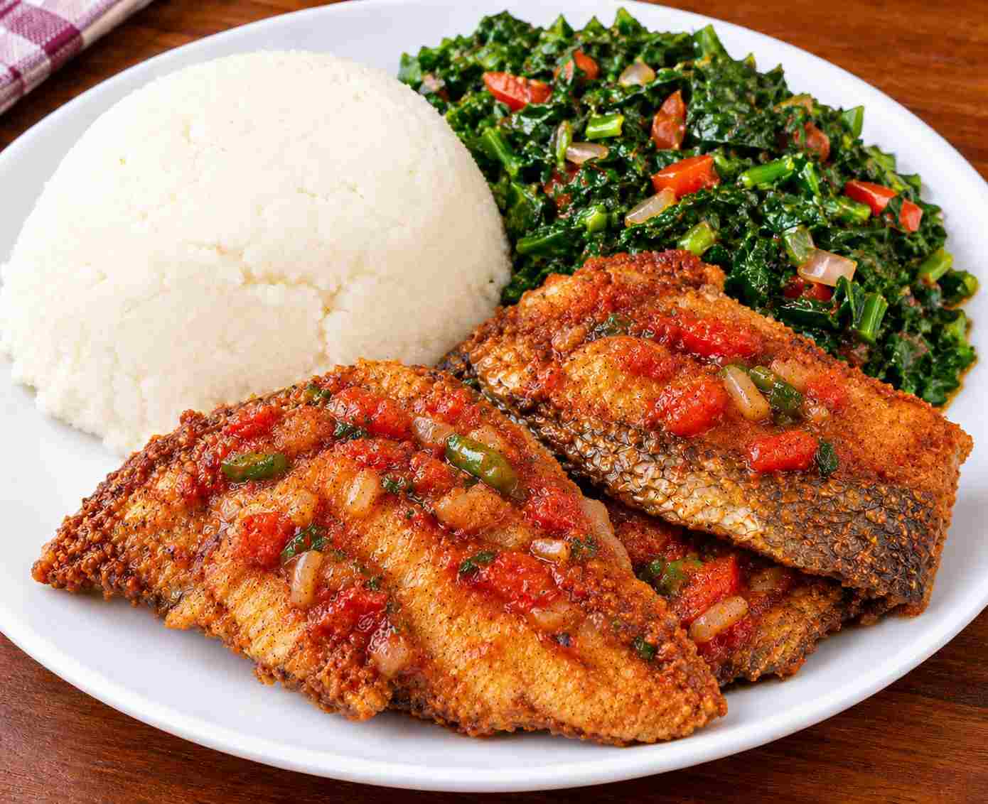 Wet Fried Fish Fillets (3 Pieces) with Ugali and Sukuma Wiki (Kales) on the Side