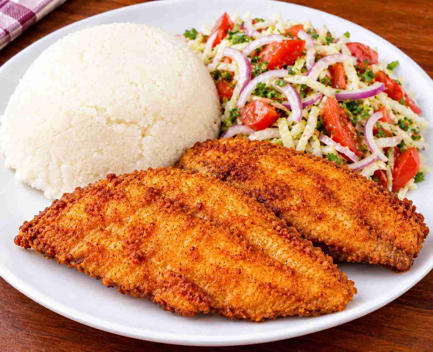 Deep Fried Fish Fillets (2 Pieces) with Ugali and Kachumbari