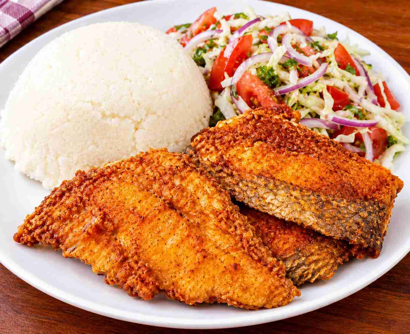 Deep Fried Fish Fillets (3 Pieces) with Ugali and Kachumbari